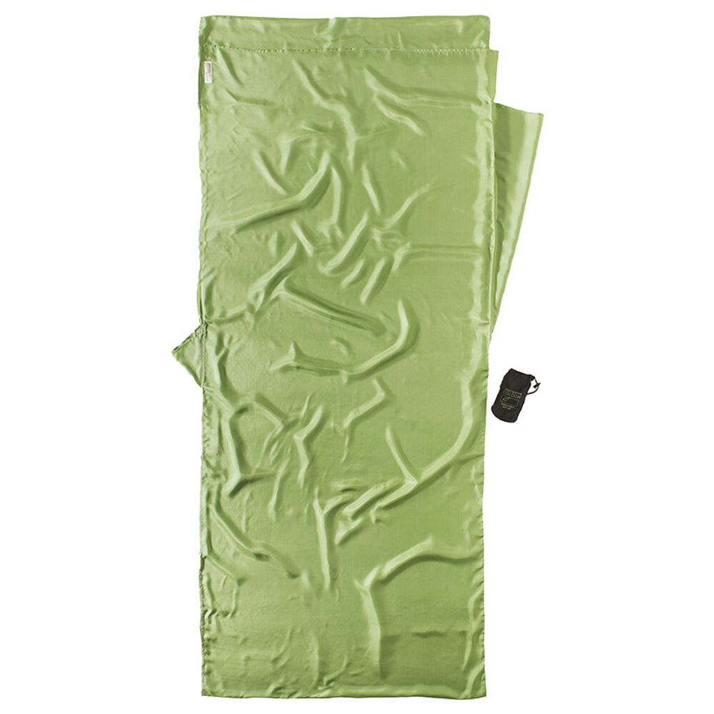 A green travel sheet laid out flat on a white background.