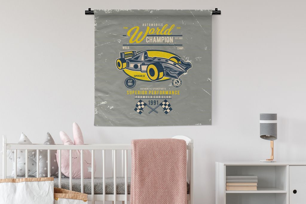MuchoWow® Wandteppich Wandbehang Rennwagen - Flagge - Retro Produktbild 