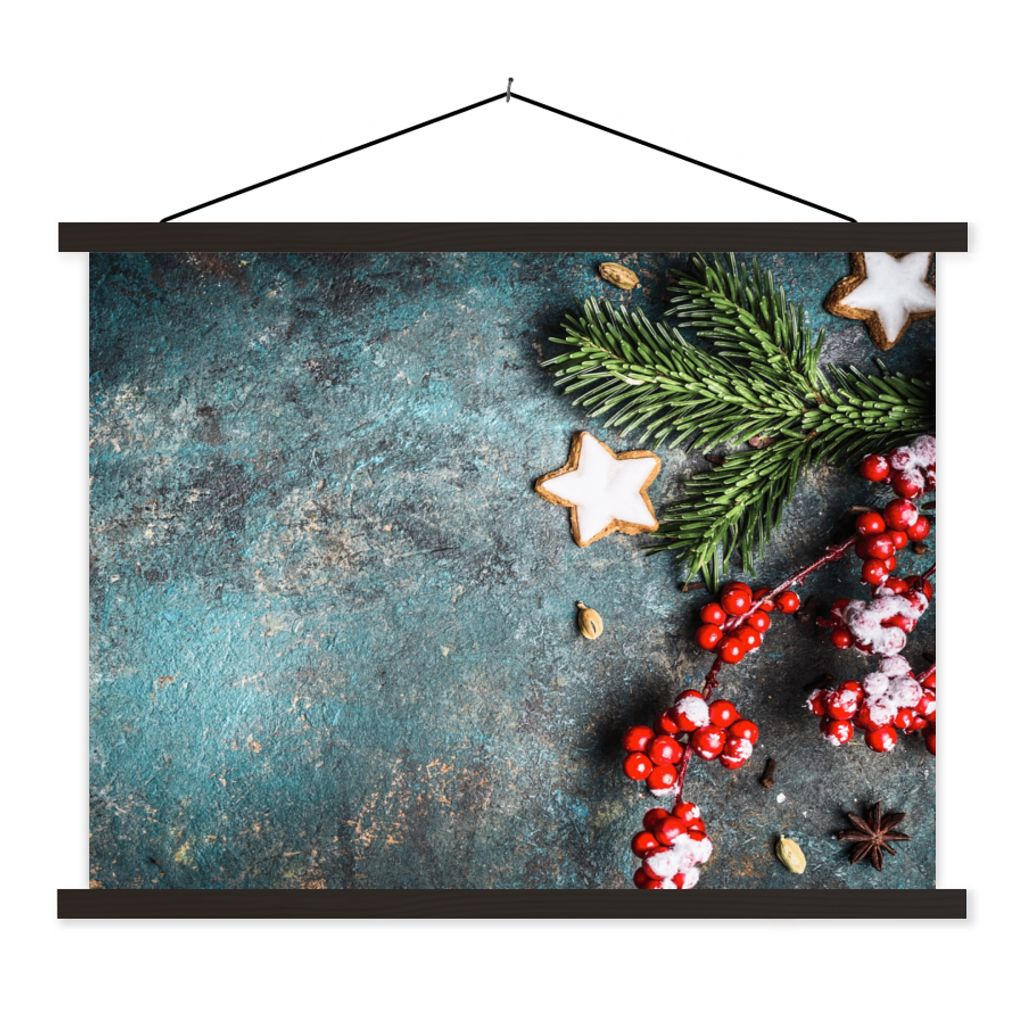 MuchoWow Textilposter Weihnachten - Rustikal - Zweige - Sternanis - Beeren - Rot 40x30 cm mit schwarzem Rahmen - Dekorationen
