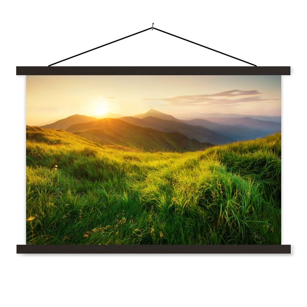 MuchoWow Textilposter Gras - Hügel - Sonne - Natur - Landschaft 90x60 cm mit schwarzem Rahmen - Aufhängungssatz