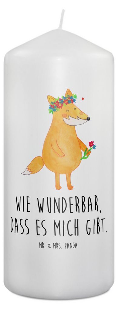Mr. & Mrs. Panda Kerze Fuchs Blumen 19 x 8 cm - Weiß - Geschenk, Erinnerungskerze, Boho, Stumpenkerze, Freude, Wachskerze, Erinnerungslicht, Liebe...
