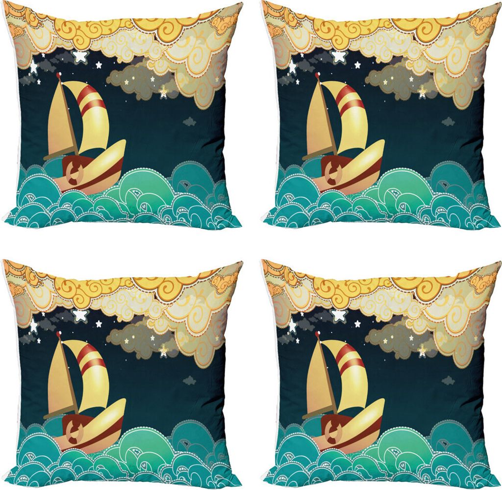 ABAKUHAUS Schiff Kissenbezug Set (4 Stück), Fantasy Night Sea Waves, Moderner Doppelseitiger Digitaldruck, 60 cm x 60 cm, Mehrfarbig