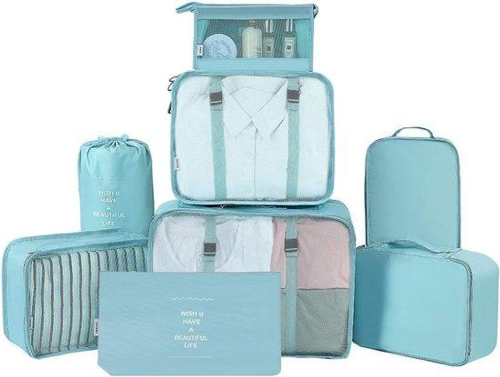Reisezubehör-Set, komprimierbare Reisebeutel, Koffer-Organisation mit Schuhtasche, blauer Reisekoffer-Unterstützer.