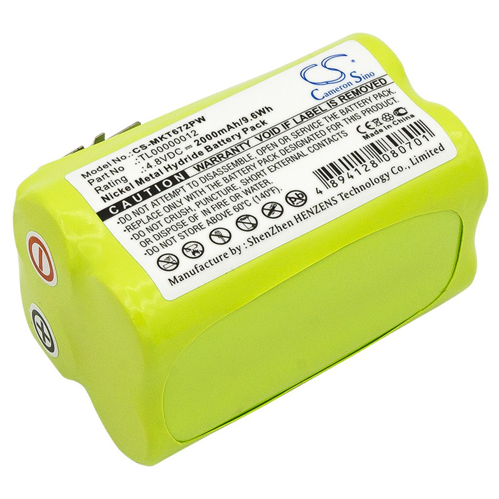 A close-up studio shot of a green battery pack with a white label containing product information and warnings.