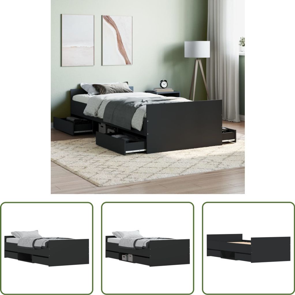 The Living Store Bettgestell mit Kopf- und Fußteil Schwarz 100x200 cm