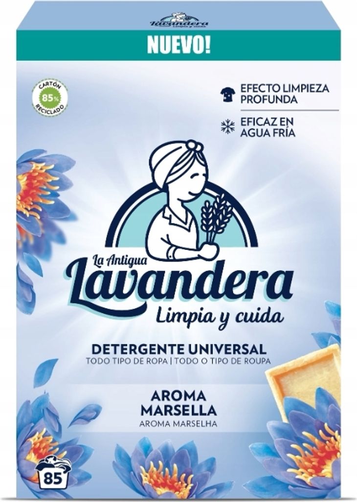 A product package for laundry detergent with floral imagery and product information.