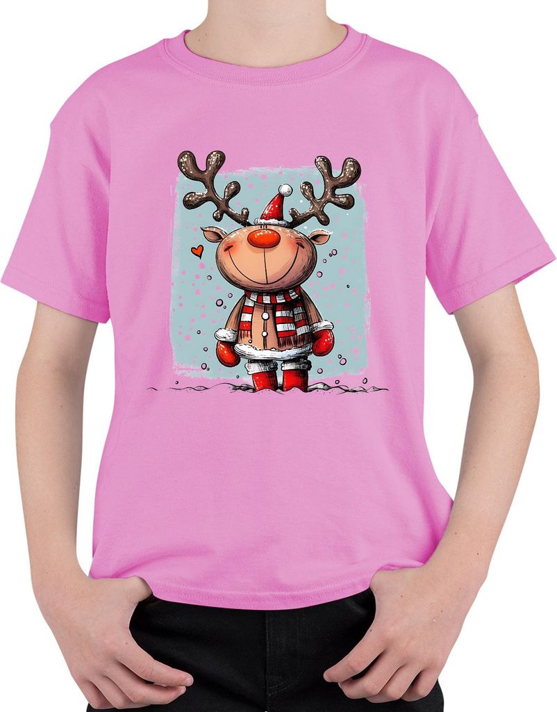Niedliches Weihnachtsrentier Schal Herz Schneeflocken lustig Uni Kinder T-Shirt, Pink, 128
