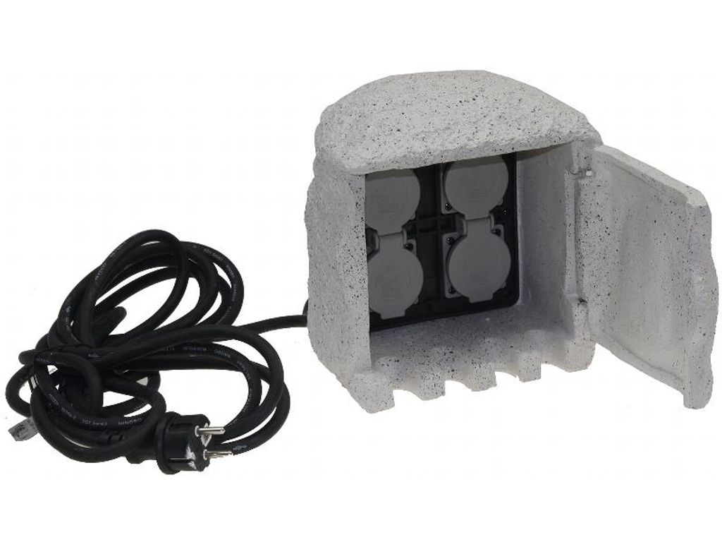 Gartensteckdose "Stone", 4-fach 250V/16A, IP44, inkl. 5m Zuleitung