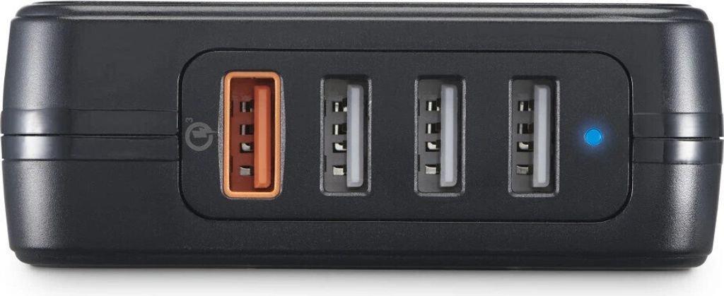 A black USB charging station with four ports, one of which is orange.