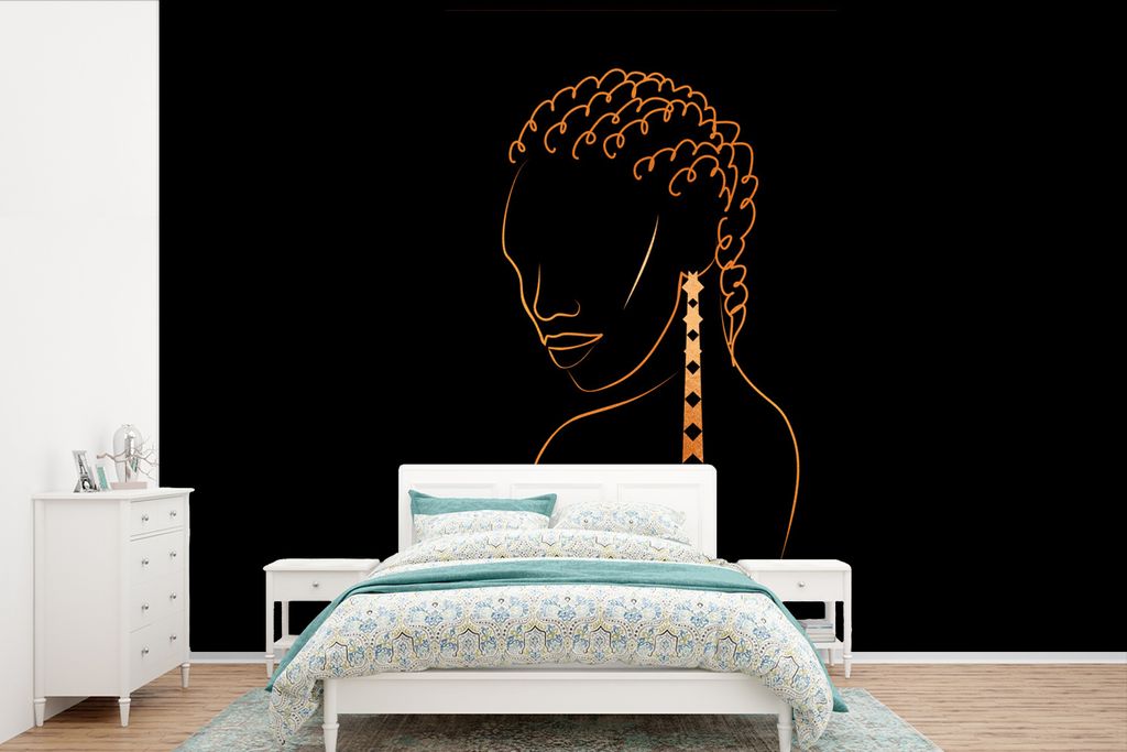 MuchoWow Fototapete für Wohnzimmer oder Schlafzimmer Wandtapete Vinyl Motivtapete Frau - Ohrringe - Linienkunst - Gold - 450x300 cm - Gemusterte