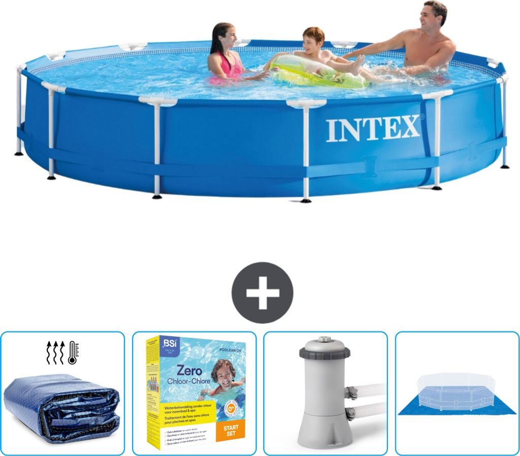 Intex-Schwimmbecken mit rundem Rahmen – 366 x 76 cm – Blau – im Lieferumfang enthalten Sonnensegel - Wartungspaket - Filterpumpe für Schwimm...