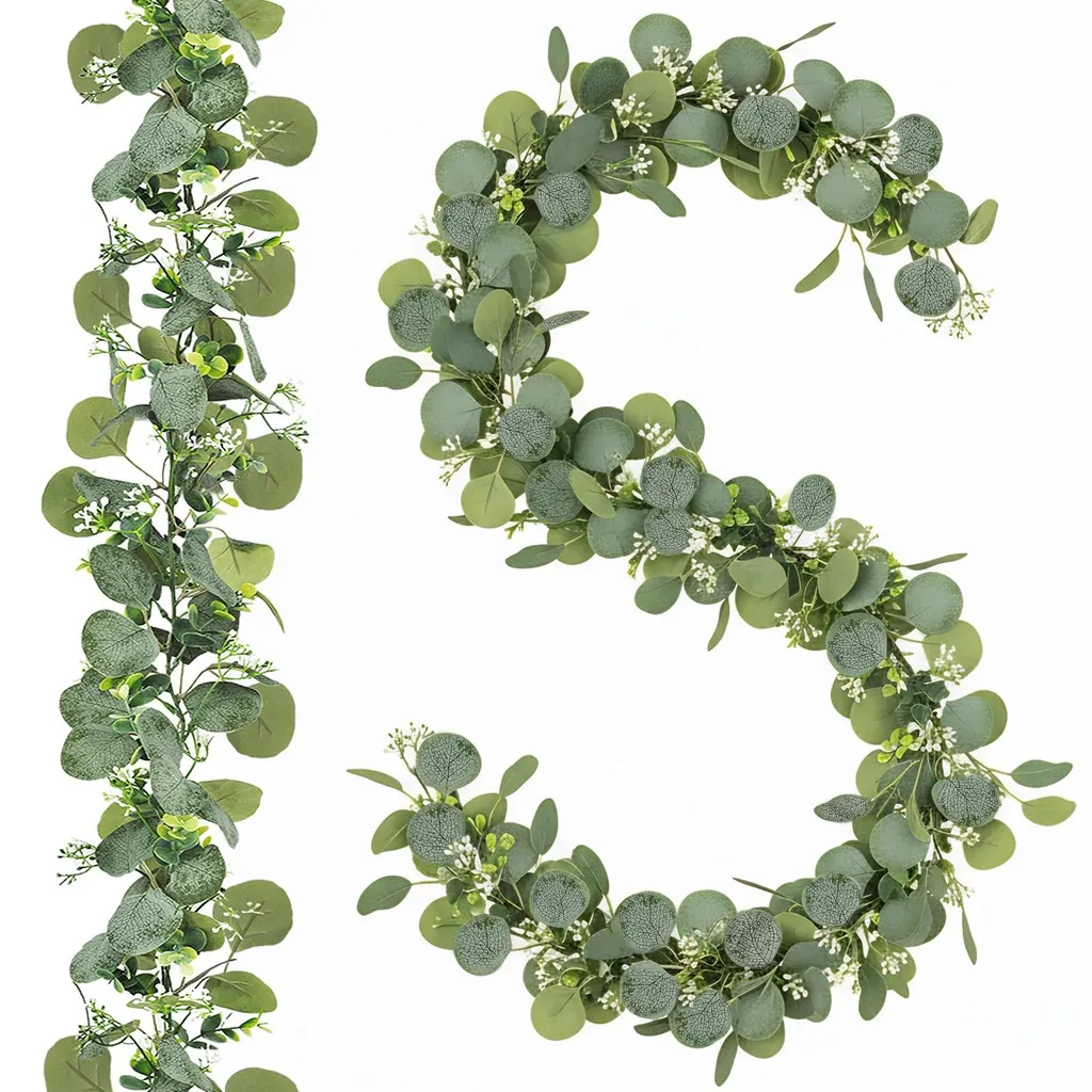 Couronne eucalyptus artificielle 1,8m fleurs blanches décor sans entretien