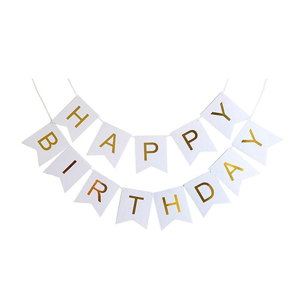 Girlande Happy Birthday, Weiß, mit goldenen Buchstaben