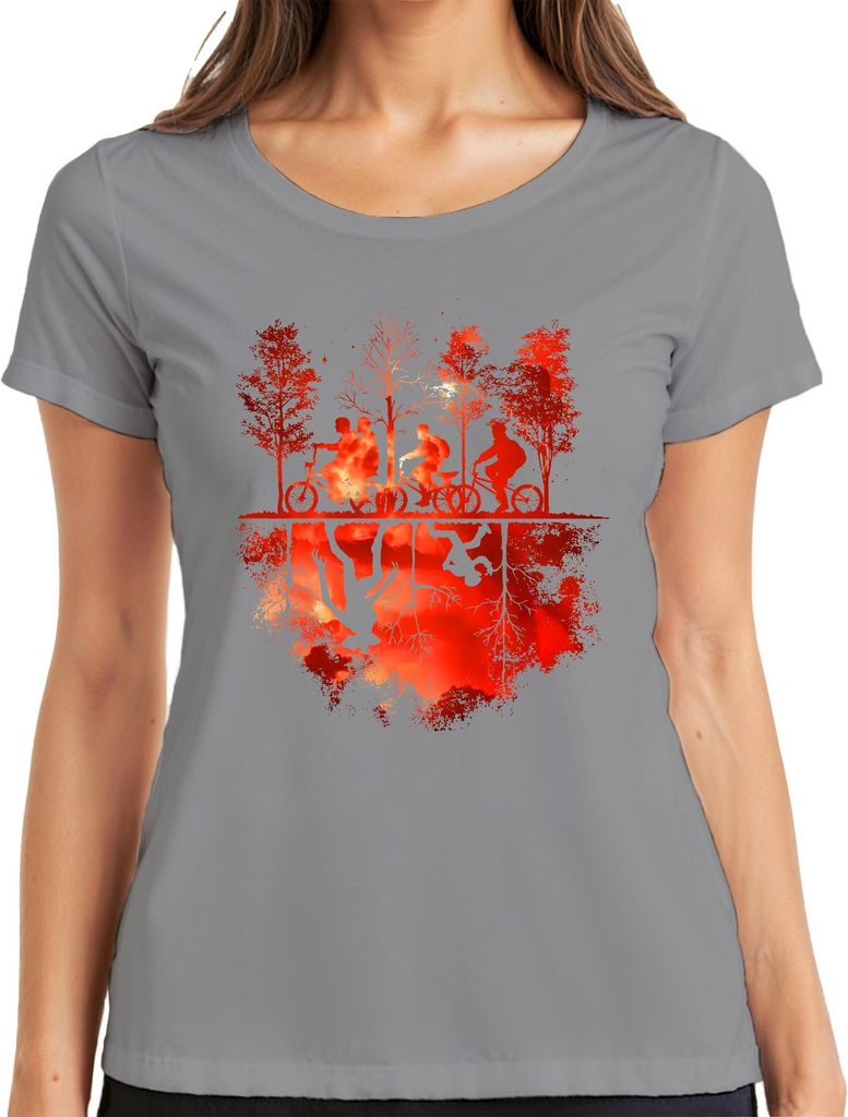 Upside Down Fahrräder Kinder Wald Monster Horror 80er Retro Damen T-Shirt, Grau, XL