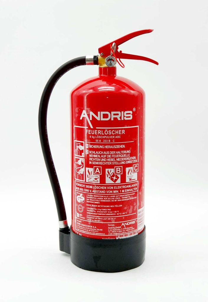 6kg ABC Pulver Feuerlöscher mit Manometer - sehr stark - 15LE, inkl. Wandhalterung, Standfuß & ANDRIS Prüfnachweis mit Jahresmarke