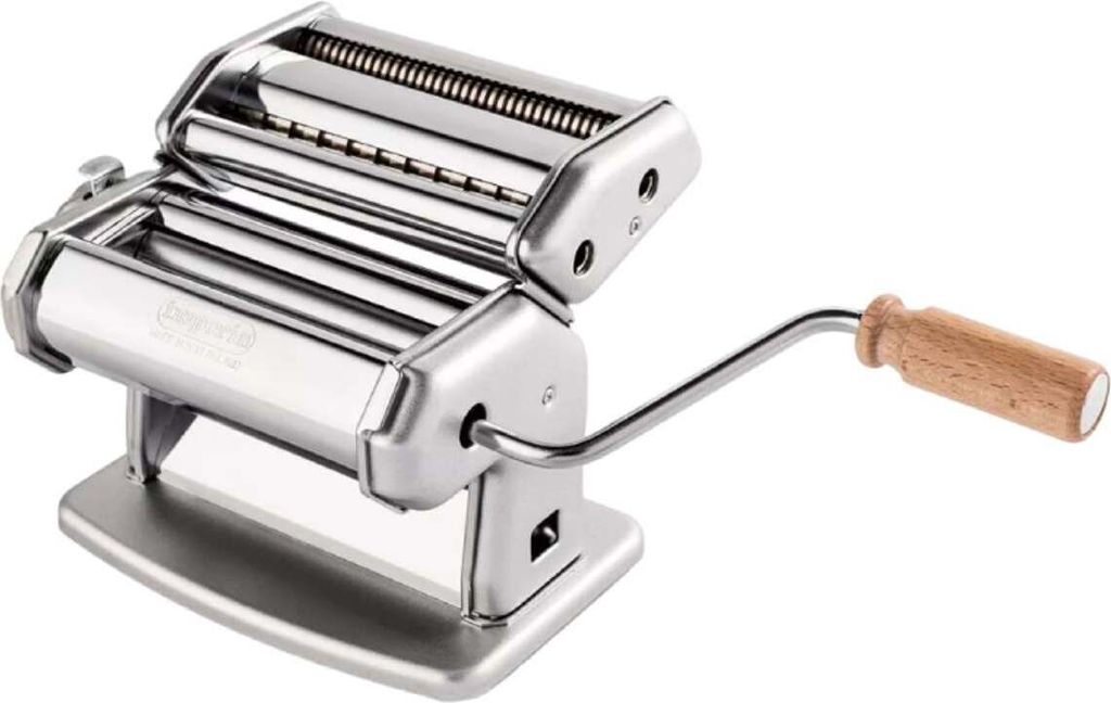 A stainless steel pasta maker with a wooden handle on a white background.