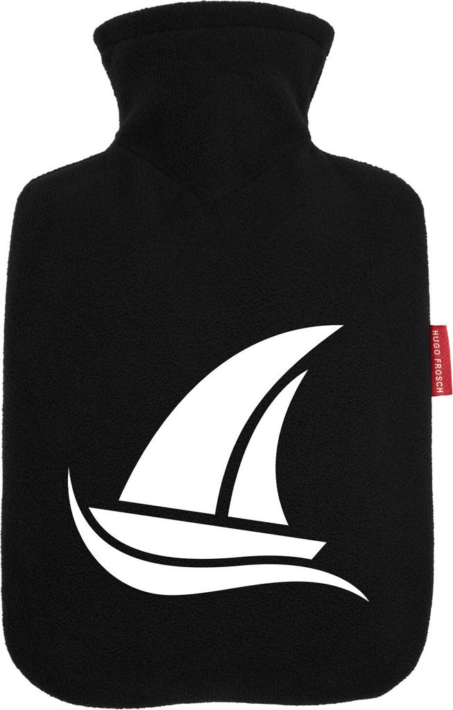 Huuraa Wärmflasche Segeln Segelboot 1,8 Liter Black Classic Veloursbezug Bettflasche Geschenkidee