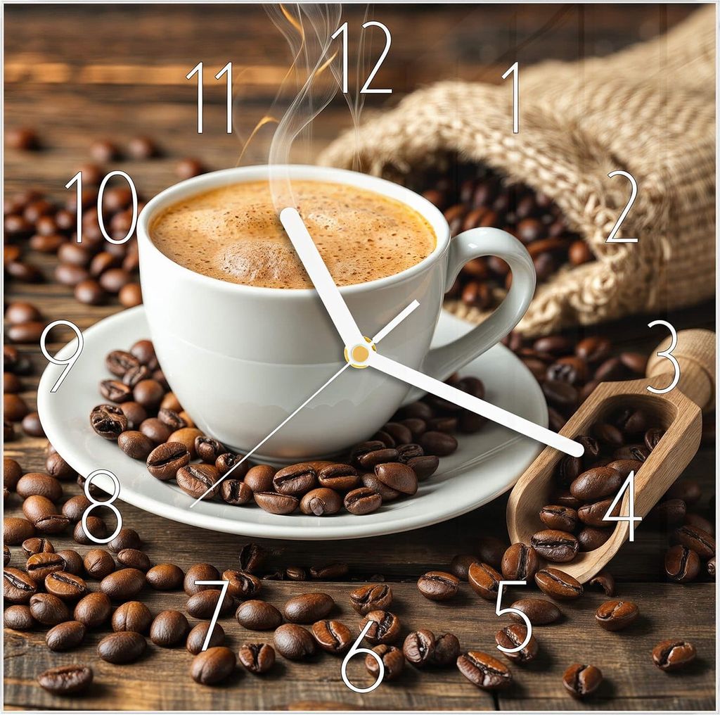 Wanduhr aus Glas mit Motiv Kaffee Geniessen- 30 x 30 cm - Produktbild 