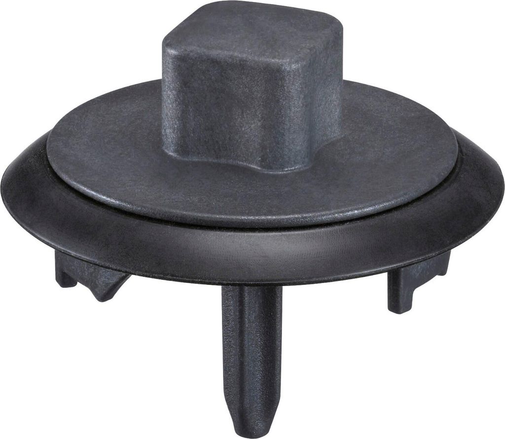 A close-up studio shot of a dark gray sink stopper.
