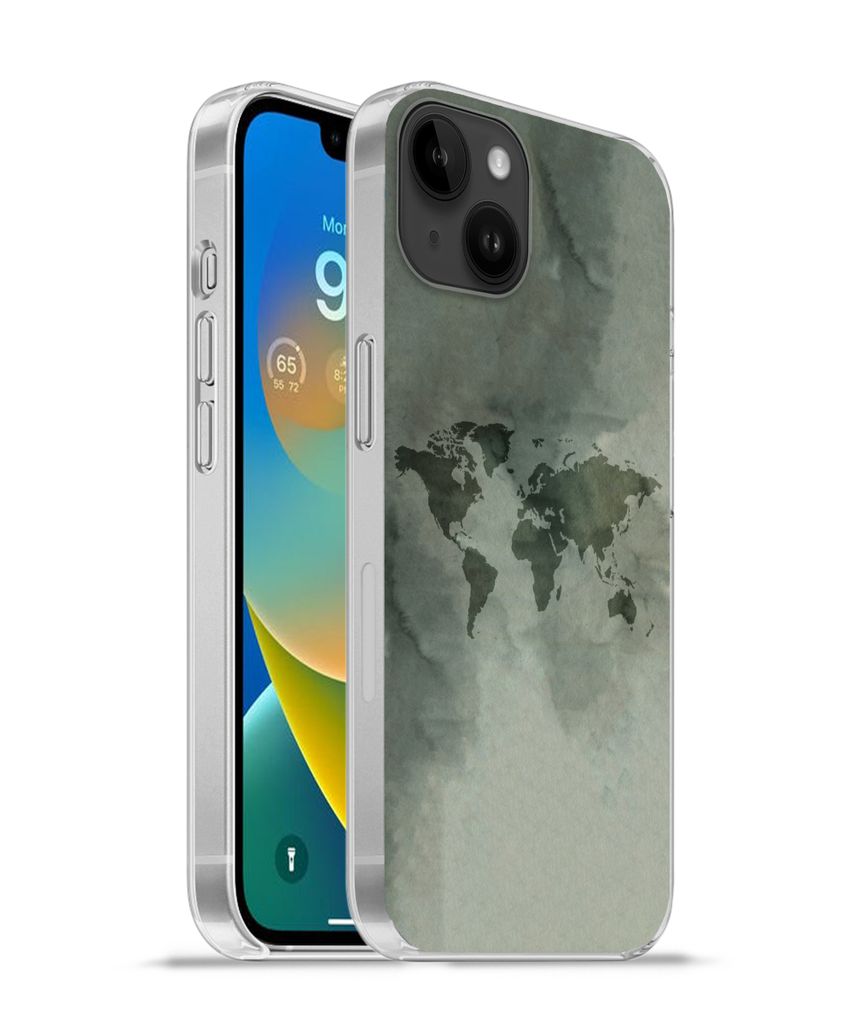 MuchoWow Handyhülle Schutzhülle Hülle für Apple iPhone 14 Plus - Soft case Weltkarte - Grün - Grau Silikon Softcase Handy Hülle - Abbildung