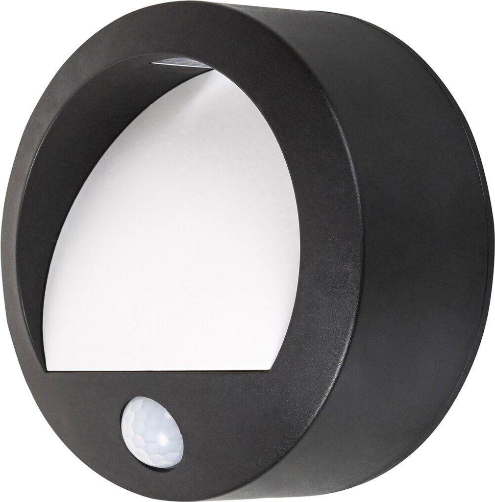 A black, circular outdoor wall light with a motion sensor.