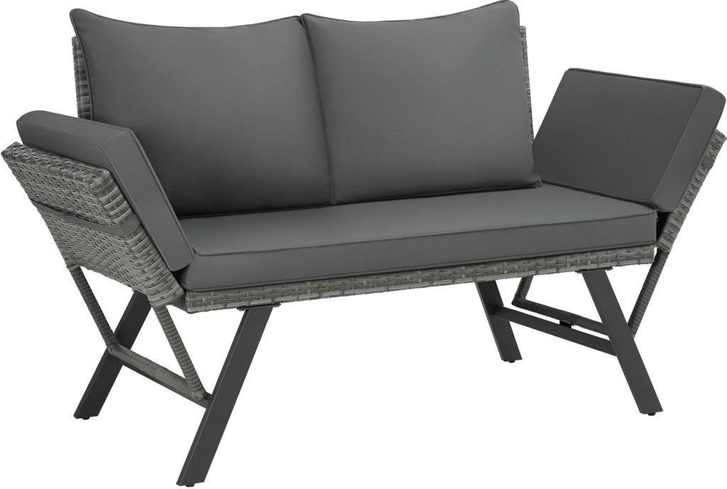 A gray rattan outdoor sofa with dark gray cushions is shown against a white background.