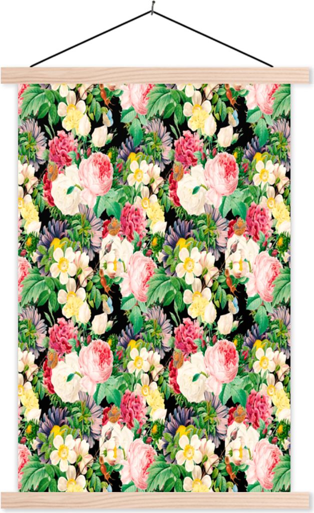 MuchoWow Textilposter Blumen - Frühling - Muster 120x180 cm mit holzfarbenen Rahmen - Textil-Plakat