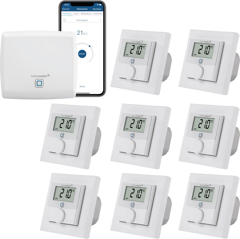Homematic IP kabelgebundene Fußbodenheizungssteuerung zur Einzelraumregelung in 8 Räumen. Inhalt: Access Point und 8 digitale Raumthermostate mit...