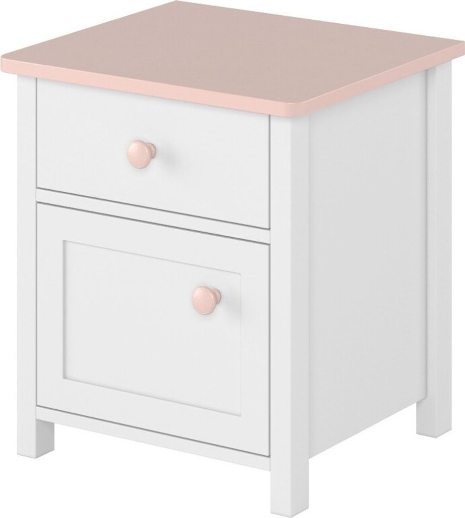 Furniture24 Nachttisch Luna LN7 Nachtschrank Nachtkästchen mit Tür und Schublade Alpinweiß/Rosa Mädchenzimmer Kinderzimmer