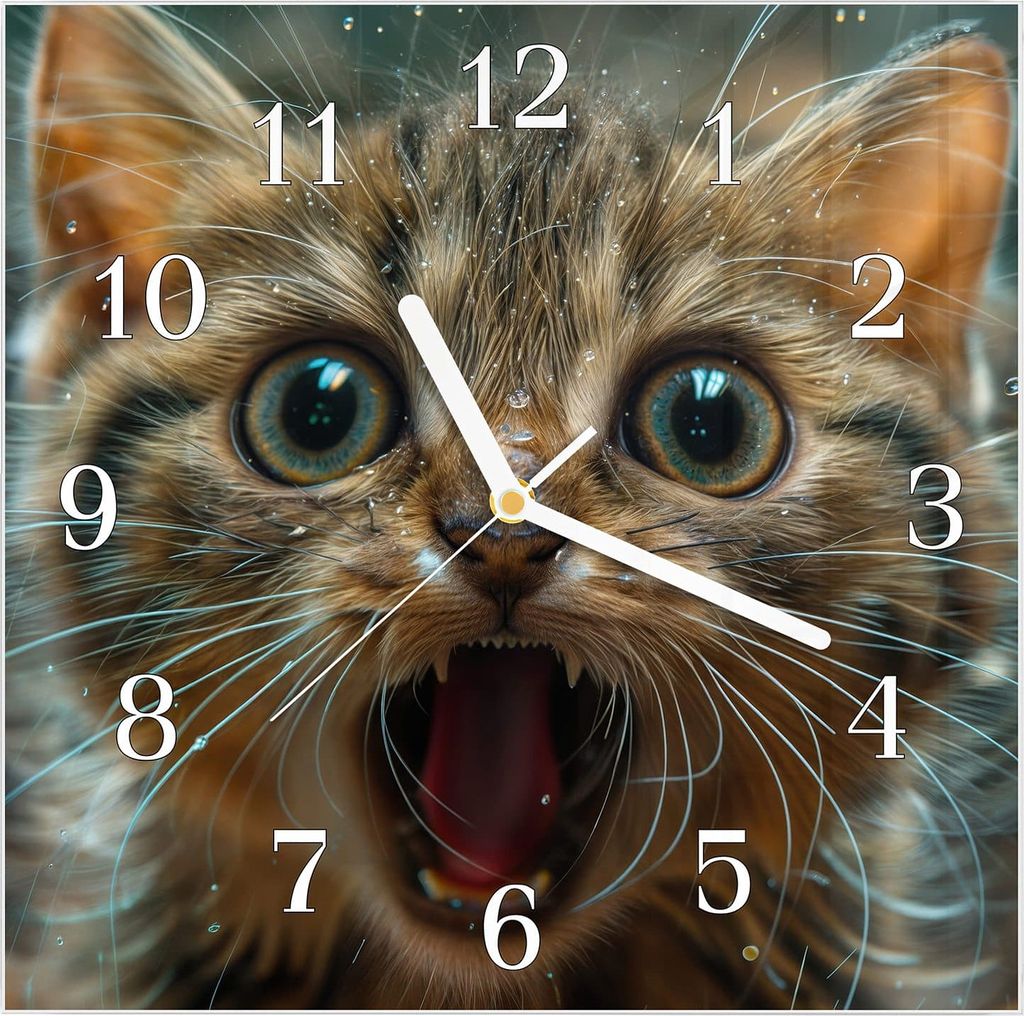 Wanduhr aus Glas mit Motiv Nasse Katze- 30 x 30 cm - inkl. Aufhängesystem