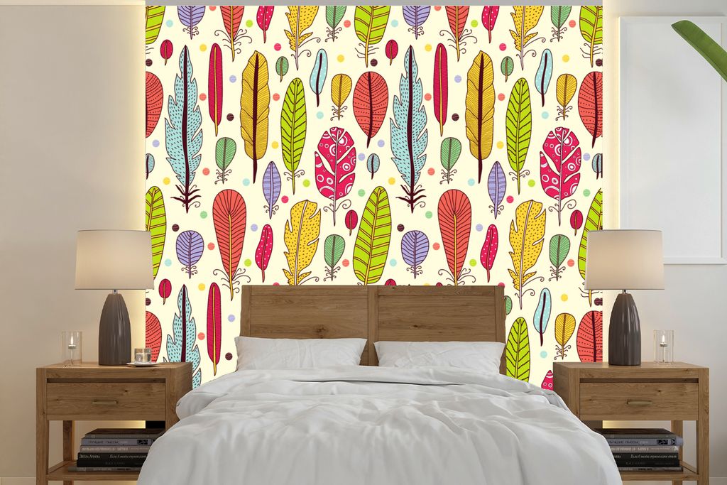 MuchoWow Fototapete für Wohnzimmer oder Schlafzimmer Wandtapete Vinyl Motivtapete Muster - Federn - Farben - Jungen - Kinder - Kind - 280x280 cm...