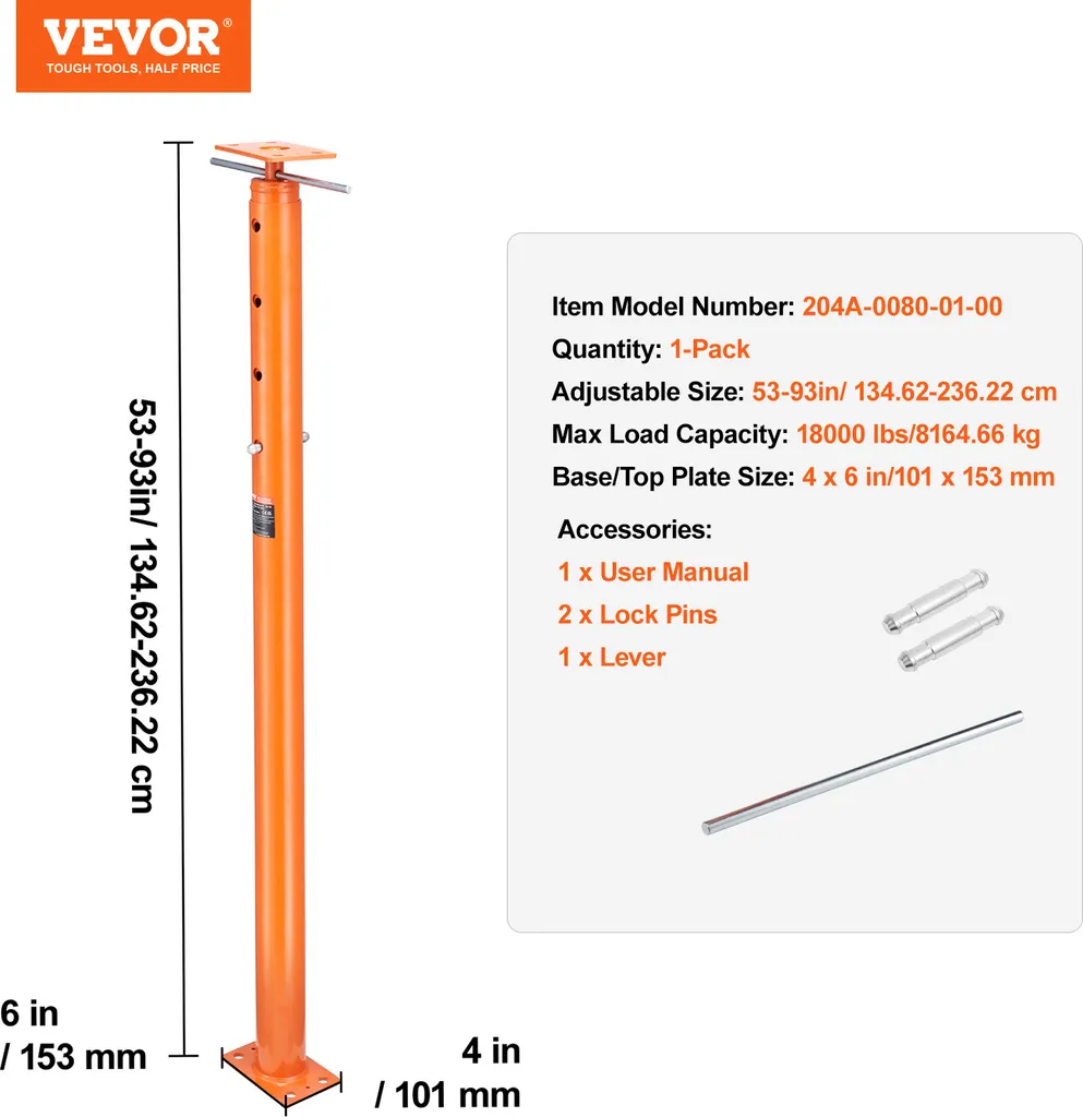 Martinetto carrellato VEVOR, altezza da 135 a 235 cm, portata massima 8.600 kg, trave di sostegno regolabile, asta del martinetto per il livellamento del basamento, supporto di sollevamento in acciaio, montante telescopico del martinetto carrellato - 7