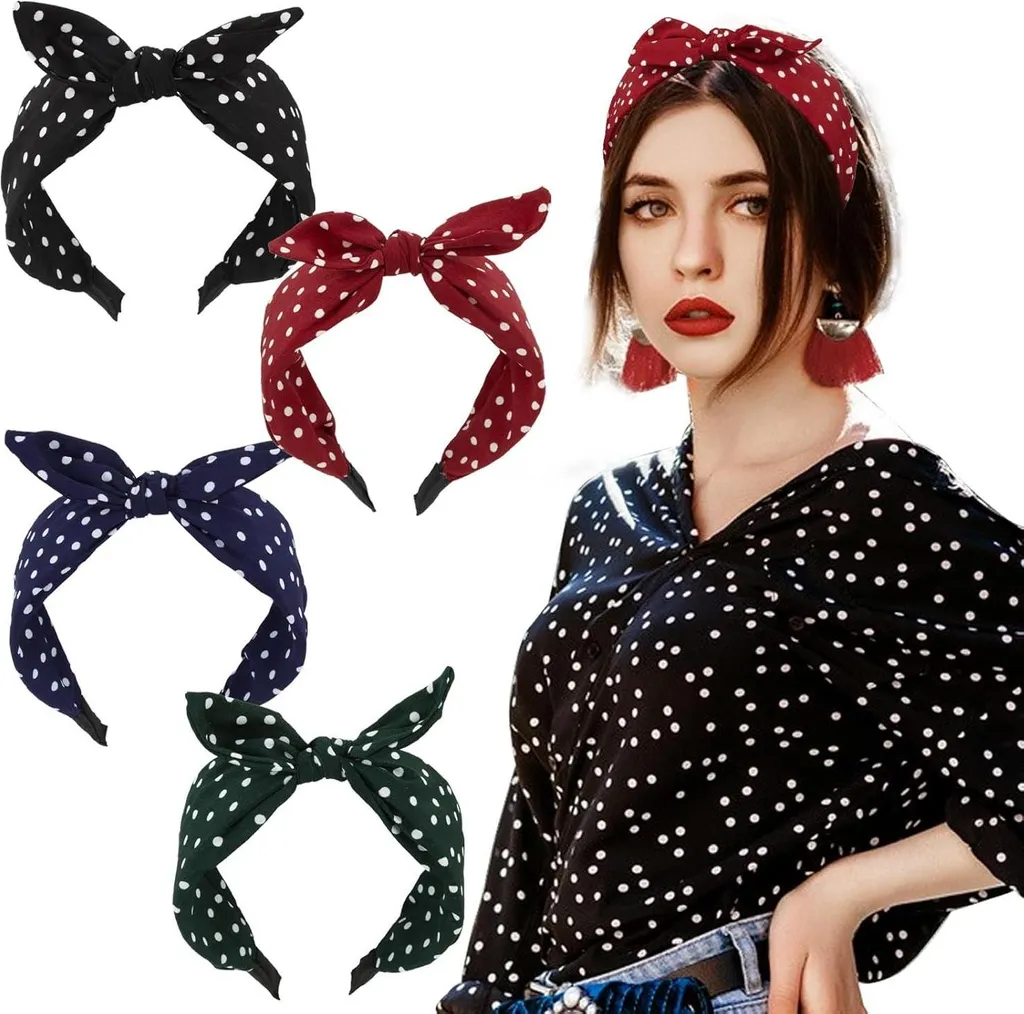 4x Cerchietti Donna Vintage a Pois BETESSIN - Fiocco Retro Multicolore