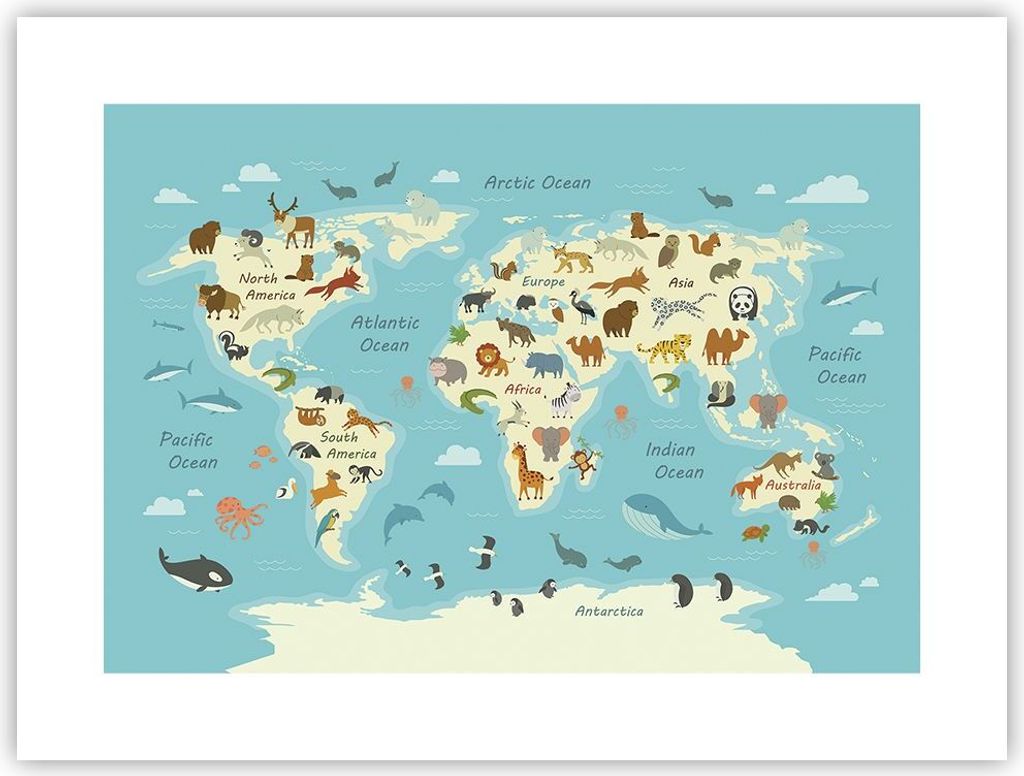 Poster - Poster ohne Rahmen - Tiere die Welt Karte - 40x30 cm - Wand Bild - Wanddeko - Wandbilder - Kunstposter - Wandposter - Bilder - Kunstdruck ...