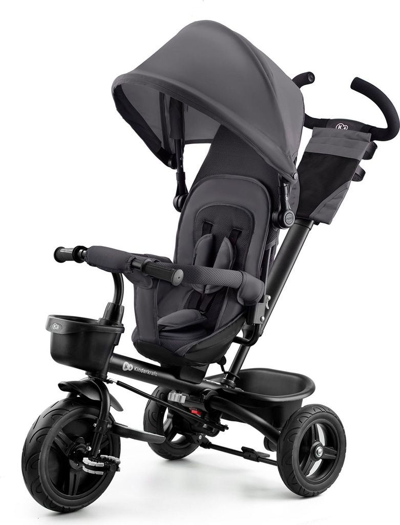 Kinderkraft AVEO - Dreirad - verstellbarer Sitz - große Räder - klappbar - Sicherheitsgurte - hohe Rückenlehne - Zubehör inklusive - Grau