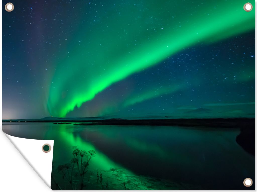 MuchoWow 120x90 cm Outdoor-Poster Gartendeko Sichtschutz Garten Poster für den Garten Nordlicht - Island - Sternenhimmel - Grün - Wasser