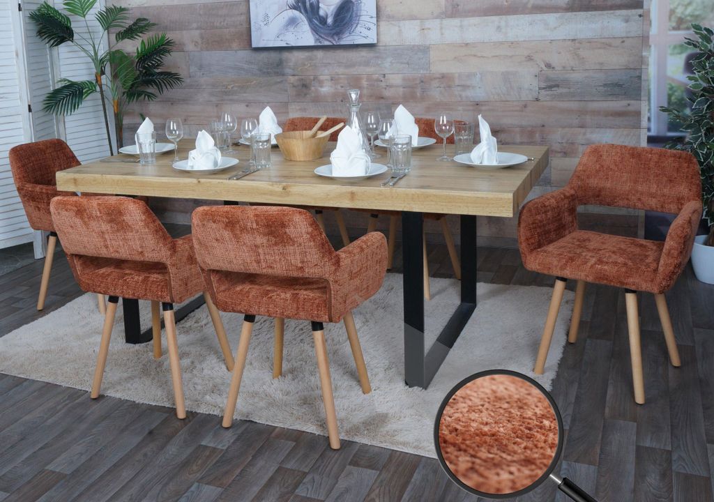 6er-Set Esszimmerstuhl HWC-A50 II, Küchenstuhl Polsterstuhl, Holz Stoff/Textil Chenille (465g/m²) terrakotta