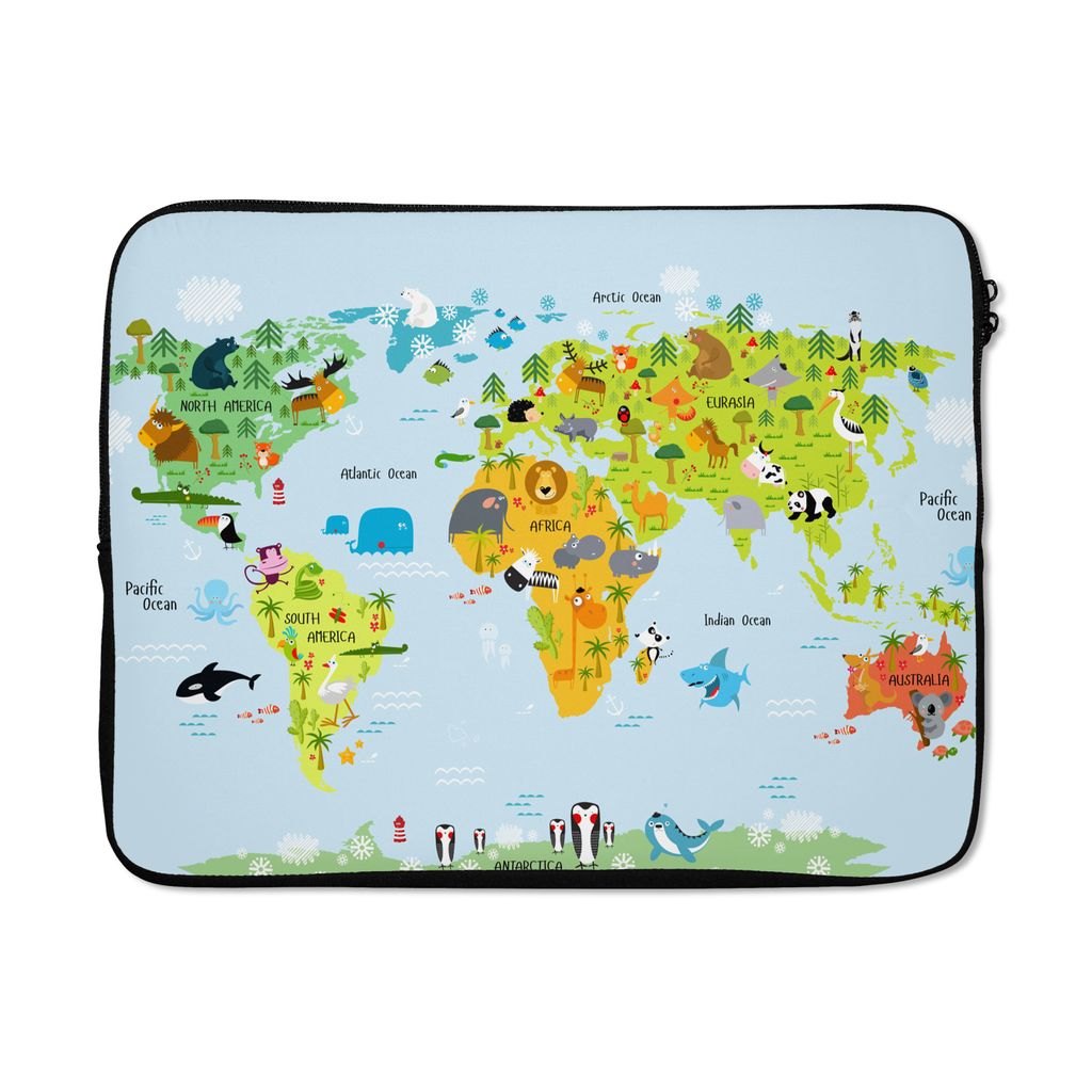 MuchoWow Laptop Hülle 17 Zoll Laptoptasche Weltkarte - Kinder - Tiere - Natur - Jungen - Mädchen - Zipper - Schutzabdeckung