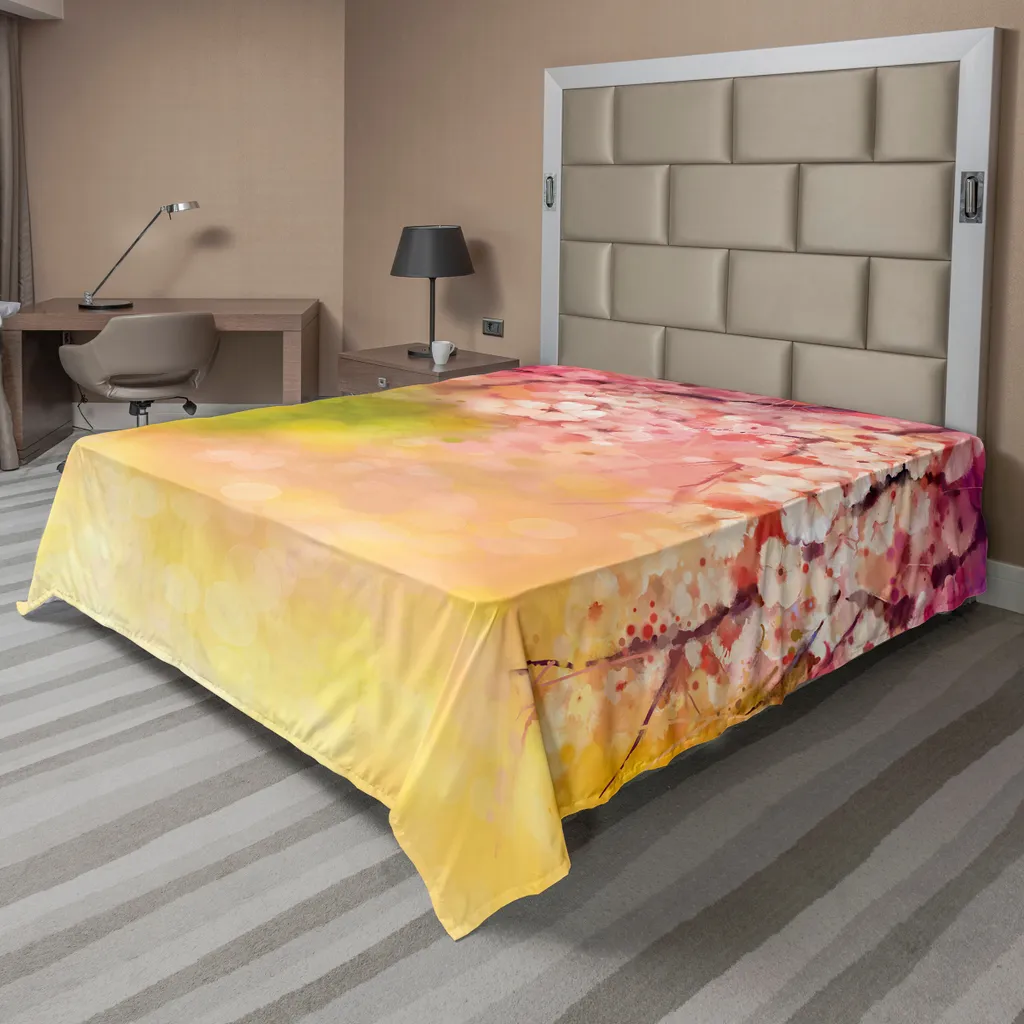 Drap de lit ABAKUHAUS motif fleurs de cerisier 275x260 cm en vert et rose