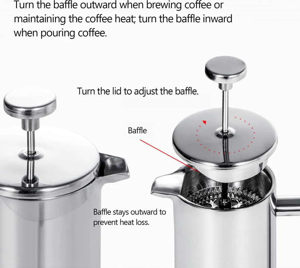 Caffettiera A Pressa Francese Da 1 Litro In Acciaio Inox Con Triplo Filtro Funzione Di Mantenimento In Caldo E Pistone In Acciaio Inox 93349442