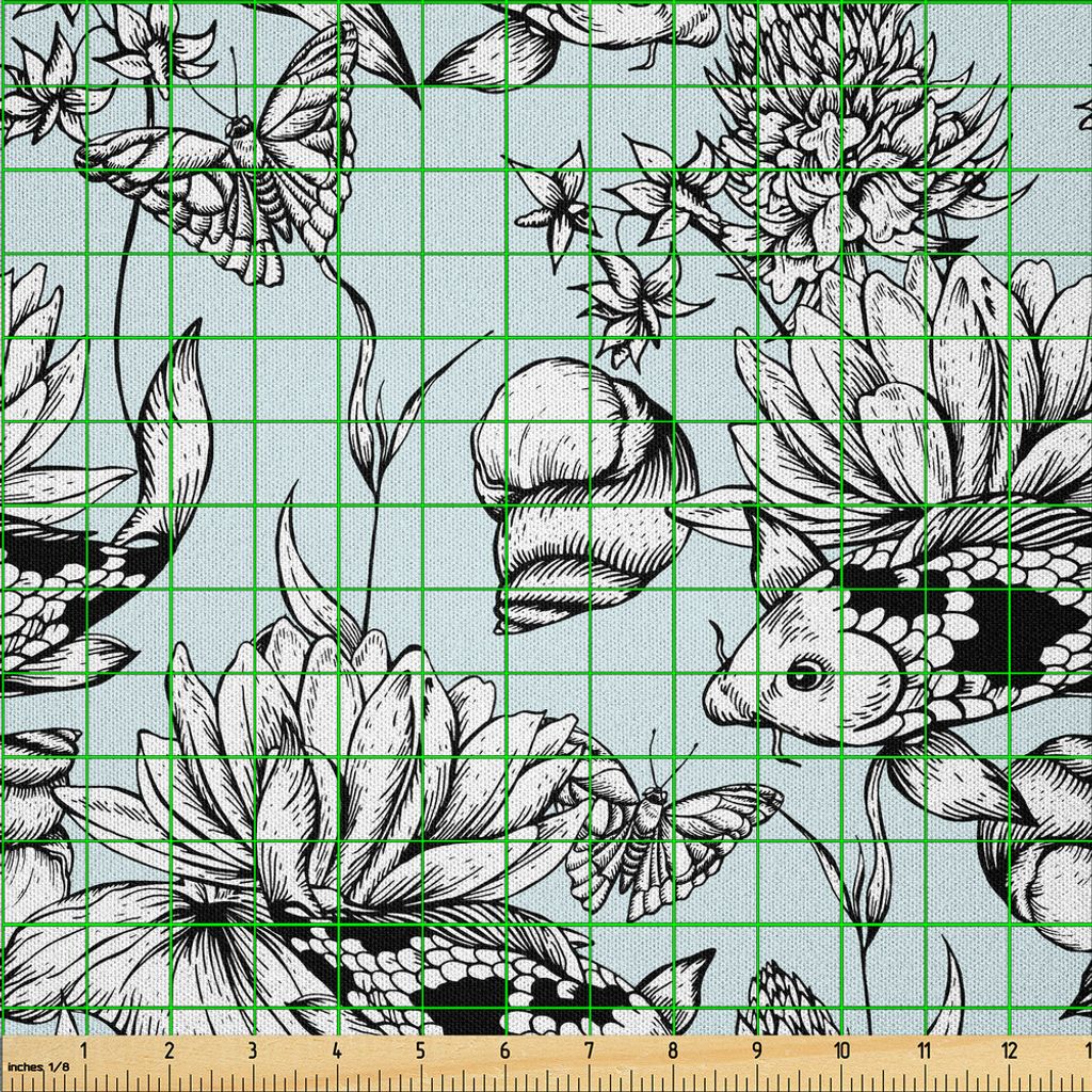ABAKUHAUS Shabby Flora Microfaser Stoff als Meterware , Weinlese-einfarbiges Teich-Wasser blüht Lilien-Karpfen-Schnecken-Zweig-Grafik, 1 M (230 x ...