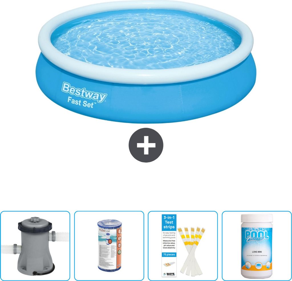Bestway runder aufblasbarer Fast-Set-Schwimmpool – 366 x 76 cm – Blau – inklusive Pumpe Filter - Teststreifen - Chlor