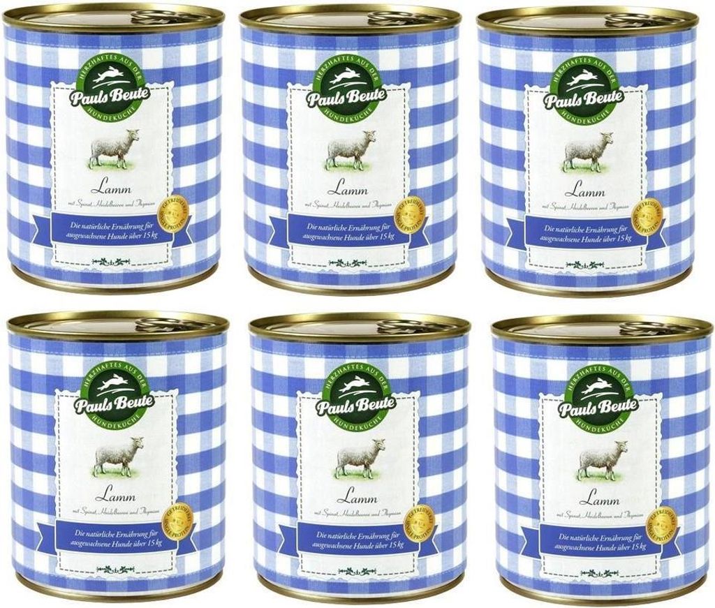 Six cans of dog food arranged in two rows of three.