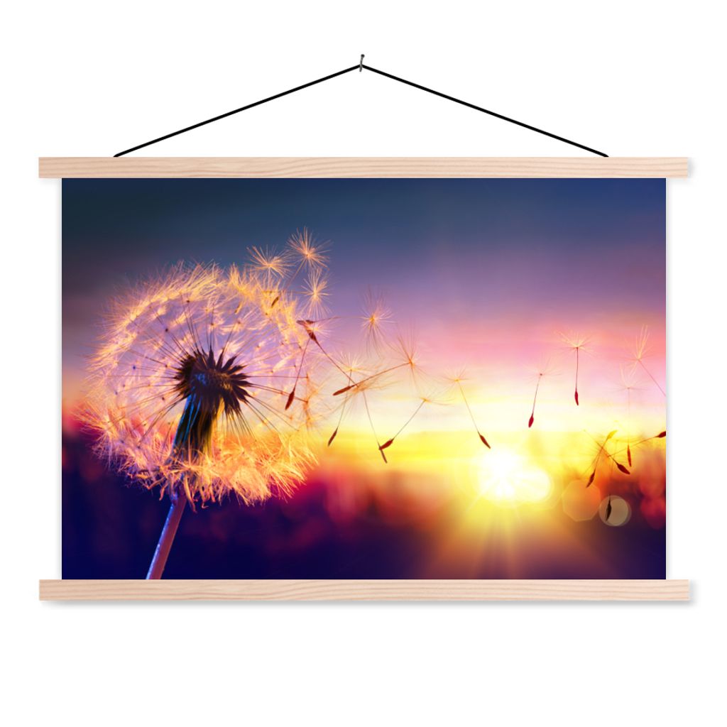 MuchoWow Textilposter Löwenzahn - Blumen - Sonnenuntergang - Horizont - Nacht 120x80 cm mit holzfarbenen Rahmen - Aufhängeset