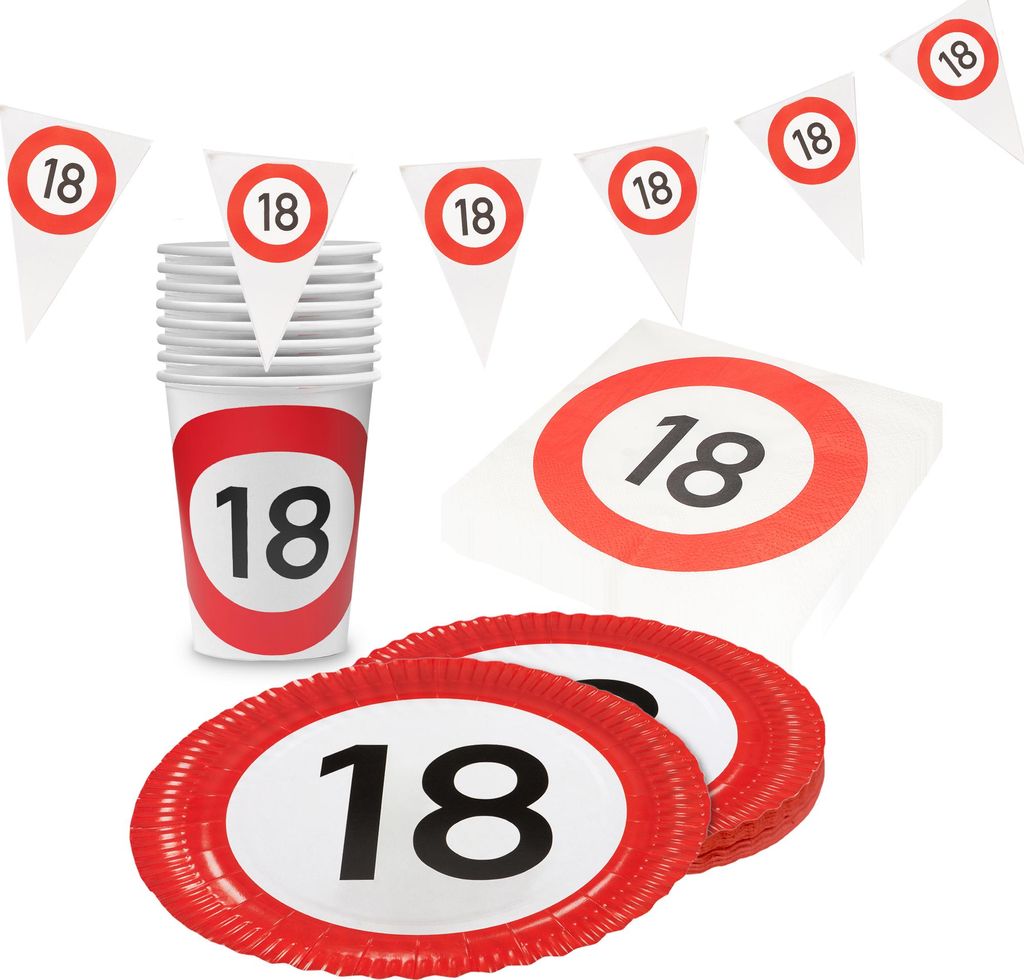 Happy Birthday 18 – 4-teiliges Partyset mit Tellern, Bechern, Servietten & Deko