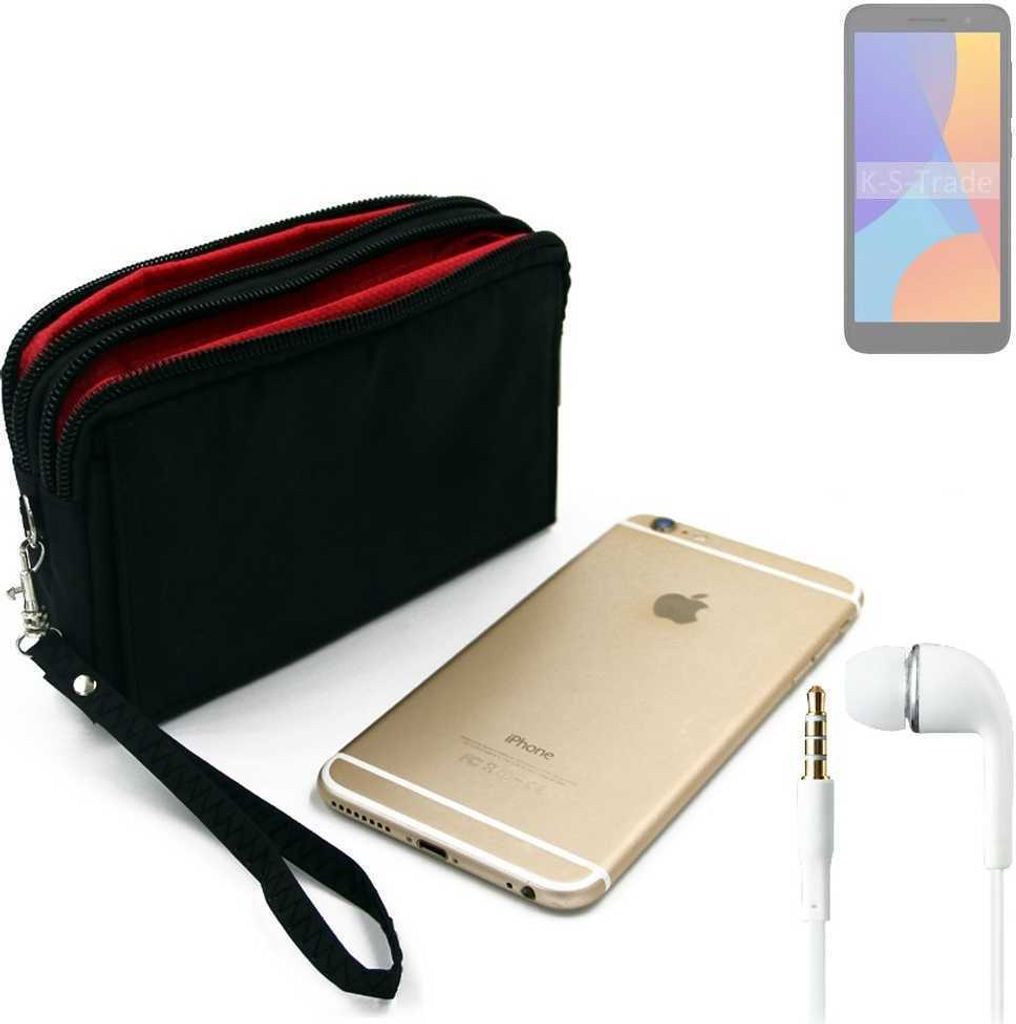 TOP SET kompatibel mit Alcatel 1 (2021) Handy Hülle Gürteltasche schwarz + Kopfhörer Travel Bag Travel-Case mit Diebstahlschutz praktische Schutz