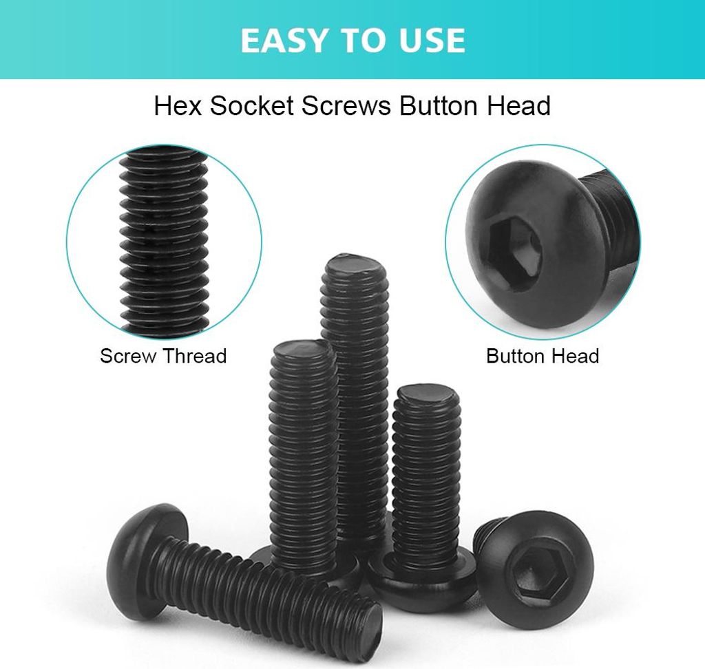M3 Schwarz legierter Stahl Sechskantschrauben Bolzen und Sechskantmuttern Unterlegscheiben Sortiment (Button head)