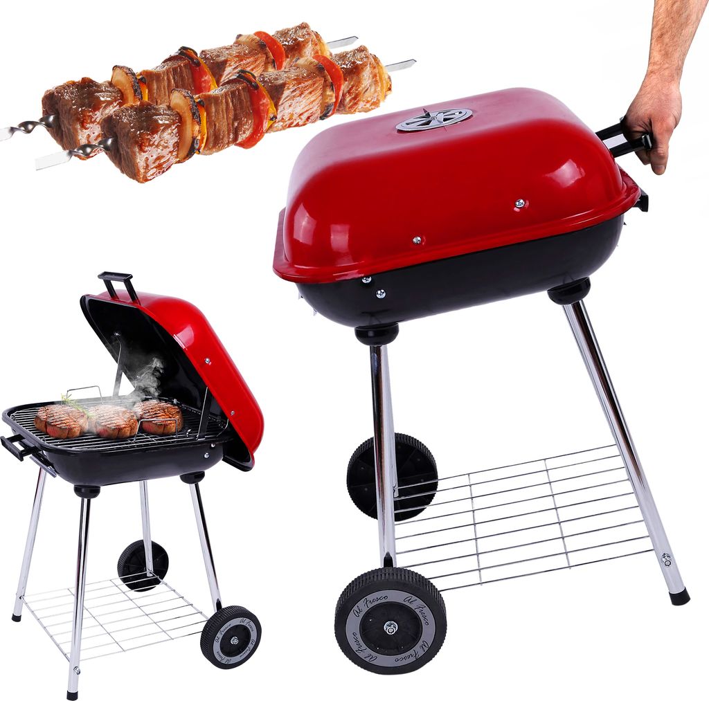 A collage of two red and black charcoal grills, one open with steaks cooking and the other closed, with a skewer of meat in the upper left corner.