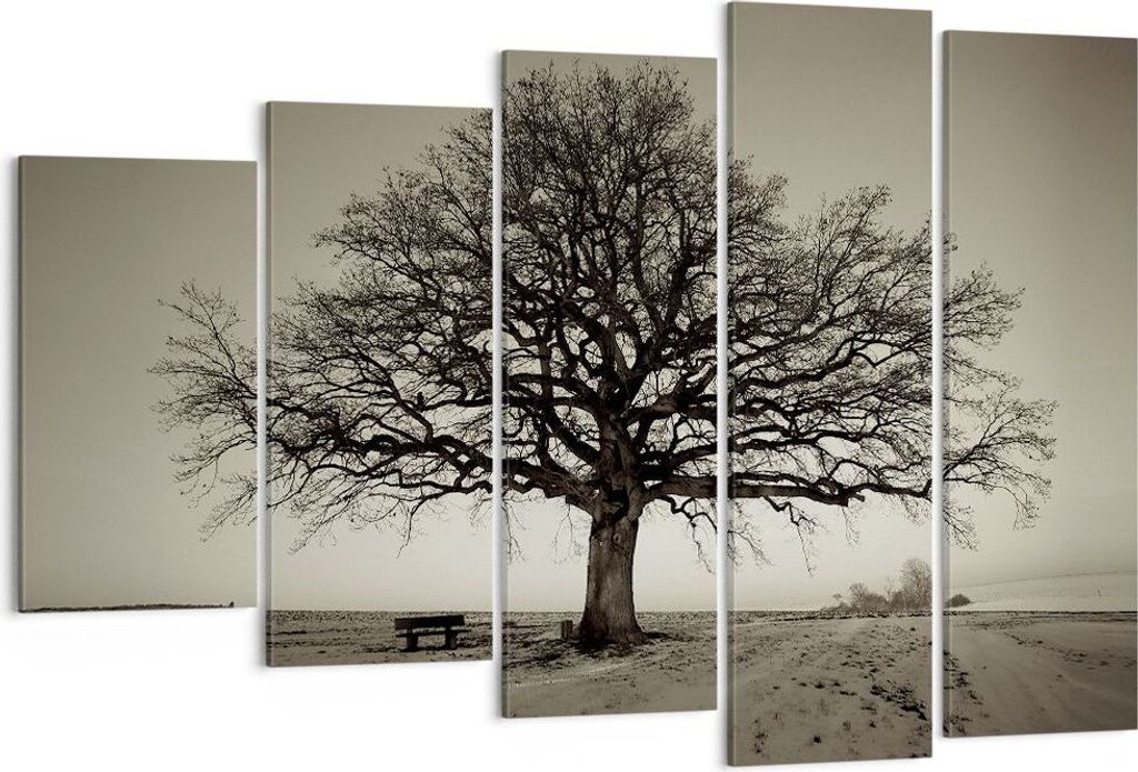 Bild auf Leinwand - Leinwandbild - 5 Teile - Baum Schnee Sepia - 150x100cm - Wand Bild - Wanddeko - Wandbilder - Leinwanddruck - Bilder - Wanddekor...