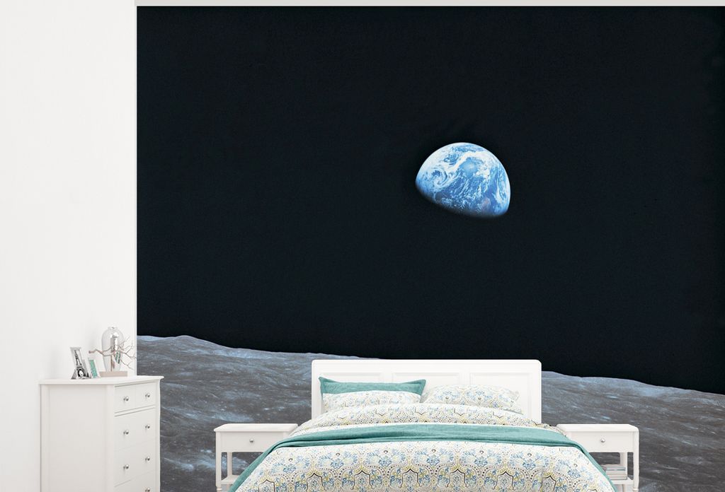 MuchoWow Fototapete für Wohnzimmer oder Schlafzimmer Wandtapete Vinyl Motivtapete Mond - Erde - Weltraum - 325x260 cm - Tapete
